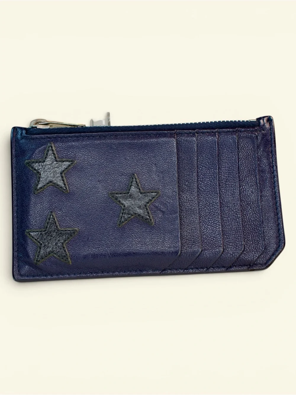 Ysl Navy Leather Star Appliqué Zip Card Wallet